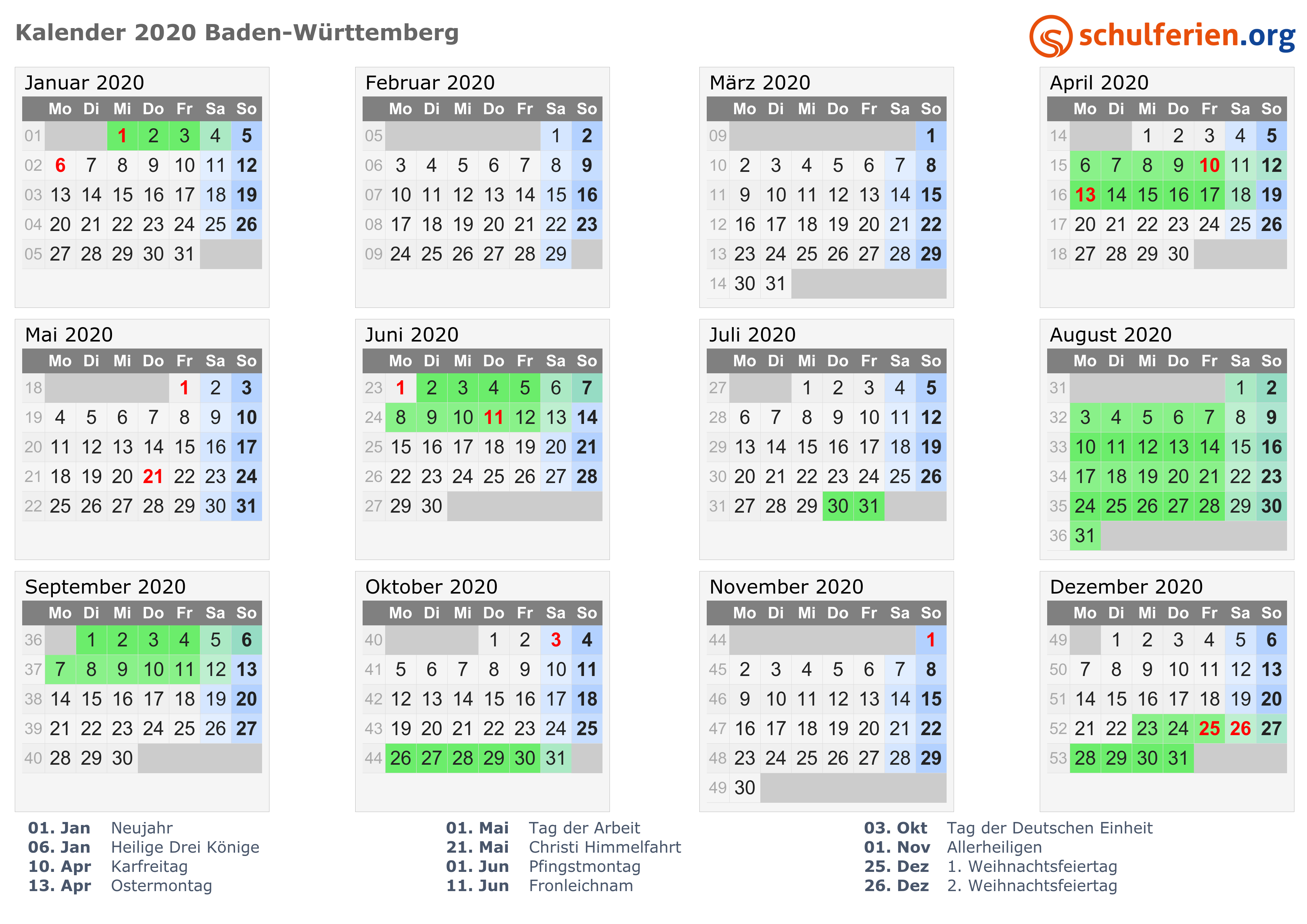 Kalender 20 + Ferien Baden Württemberg, Feiertage