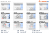 Kalender 2020 mit Ferien und Feiertagen Belize