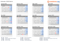 Kalender 2020 mit Ferien und Feiertagen Benin
