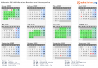 Kalender 2020 mit Ferien und Feiertagen Föderation Bosnien und Herzegowina