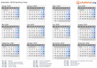 Kalender 2020 mit Ferien und Feiertagen Burkina Faso