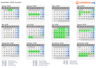 Kalender 2020 mit Ferien und Feiertagen Assens