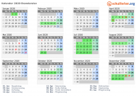 Kalender 2020 mit Ferien und Feiertagen Brønderslev