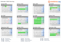 Kalender 2020 mit Ferien und Feiertagen Herning