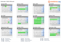 Kalender 2020 mit Ferien und Feiertagen Hillerød