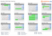 Kalender 2020 mit Ferien und Feiertagen Høje-Taastrup