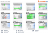 Kalender 2020 mit Ferien und Feiertagen Lejre