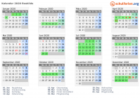 Kalender 2020 mit Ferien und Feiertagen Roskilde