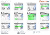 Kalender 2020 mit Ferien und Feiertagen Varde