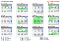 Kalender 2020 mit Ferien und Feiertagen Vejen