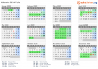 Kalender 2020 mit Ferien und Feiertagen Vejle