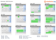 Kalender 2020 mit Ferien und Feiertagen Bremen