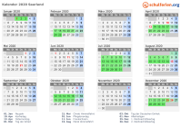 Kalender 2020 mit Ferien und Feiertagen Saarland