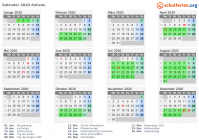 Kalender 2020 mit Ferien und Feiertagen Amiens