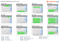 Kalender 2020 mit Ferien und Feiertagen Clermont-Ferrand