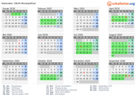 Kalender 2020 mit Ferien und Feiertagen Montpellier