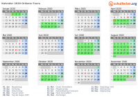 Kalender 2020 mit Ferien und Feiertagen Orléans-Tours
