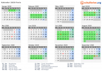 Kalender 2020 mit Ferien und Feiertagen Paris