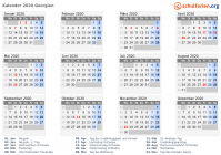 Kalender 2020 mit Ferien und Feiertagen Georgien