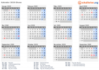 Kalender 2020 mit Ferien und Feiertagen Ghana
