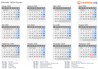 Kalender 2020 mit Ferien und Feiertagen Guyana