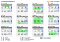 Kalender 2020 mit Ferien und Feiertagen Hamburg