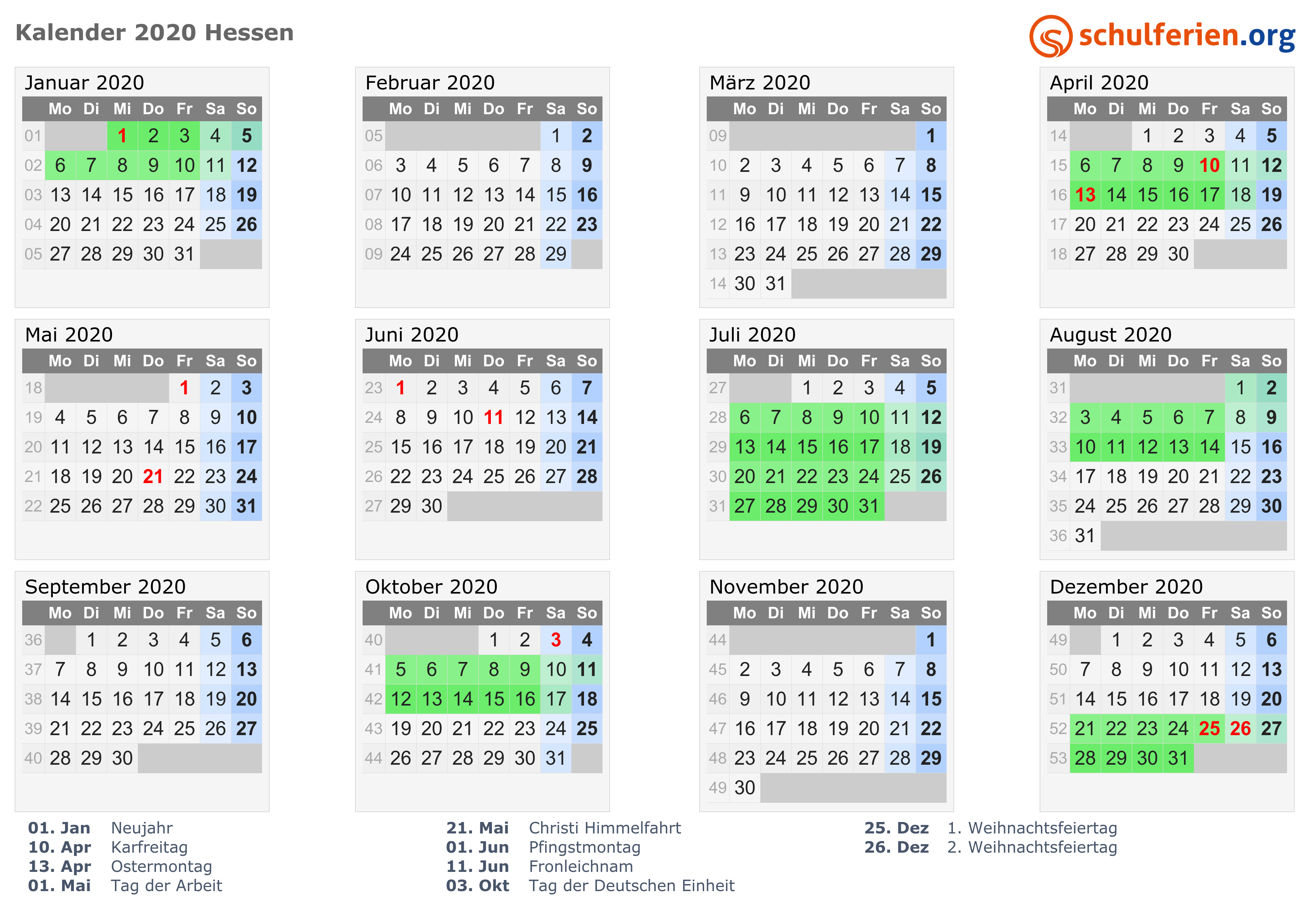 Kalender 20 + Ferien Hessen, Feiertage