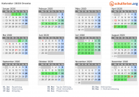 Kalender 2020 mit Ferien und Feiertagen Drente