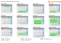 Kalender 2020 mit Ferien und Feiertagen Gelderland (süd)