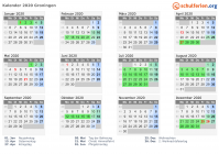 Kalender 2020 mit Ferien und Feiertagen Groningen