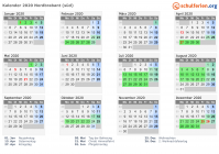 Kalender 2020 mit Ferien und Feiertagen Nordbrabant (süd)