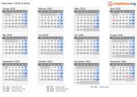 Kalender 2020 mit Ferien und Feiertagen Irland