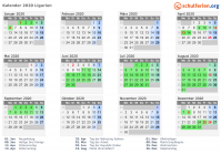 Kalender 2020 mit Ferien und Feiertagen Ligurien