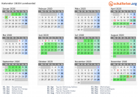 Kalender 2020 mit Ferien und Feiertagen Lombardei