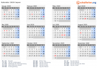 Kalender 2020 mit Ferien und Feiertagen Japan