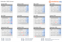 Kalender 2020 mit Ferien und Feiertagen Jemen