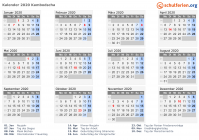 Kalender 2020 mit Ferien und Feiertagen Kambodscha