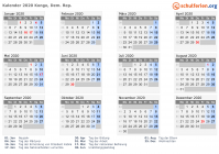 Kalender 2020 mit Ferien und Feiertagen Kongo, Dem. Rep.