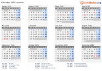 Kalender 2020 mit Ferien und Feiertagen Lesotho