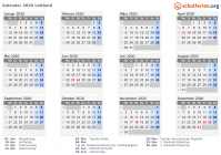 Kalender 2020 mit Ferien und Feiertagen Lettland