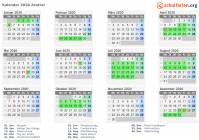 Kalender 2020 mit Ferien und Feiertagen Zentral