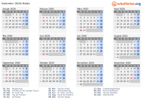Kalender 2020 mit Ferien und Feiertagen Malta