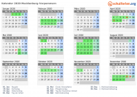 Kalender 2020 mit Ferien und Feiertagen Mecklenburg-Vorpommern