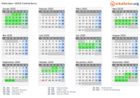 Kalender 2020 mit Ferien und Feiertagen Canterbury