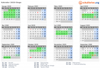 Kalender 2020 mit Ferien und Feiertagen Otago