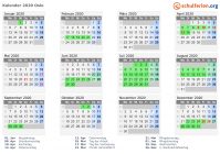 Kalender 2020 mit Ferien und Feiertagen Oslo