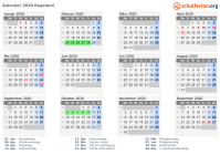 Kalender 2020 mit Ferien und Feiertagen Rogaland