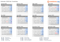 Kalender 2020 mit Ferien und Feiertagen Süd-Tröndelag