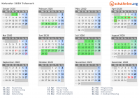 Kalender 2020 mit Ferien und Feiertagen Telemark