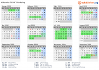 Kalender 2020 mit Ferien und Feiertagen Tröndelag